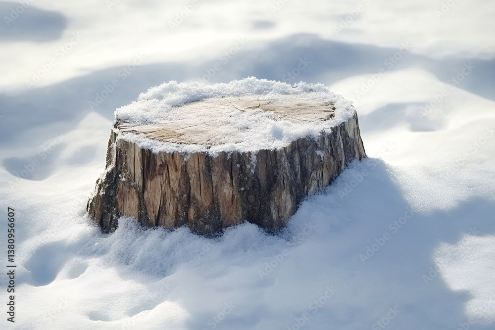 Poster snow-covered tree stump resting in a serene winter forest, offering a tranquil and minimalist atmosp