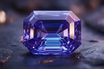 A dazzling cut gemstone rests on a textured dark reflective surface