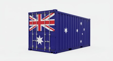 Australian Shipping Container on White Background - A 3D  of a shipping container with the Australian flag, symbolizing international trade, global logistics, export, import, and Australian goods