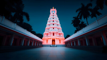 Illuminated Temple Tower at Night in Chennai, India