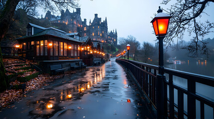 Kilkenny Castle Gardens at Night: A Wet Path with Glowing Lights