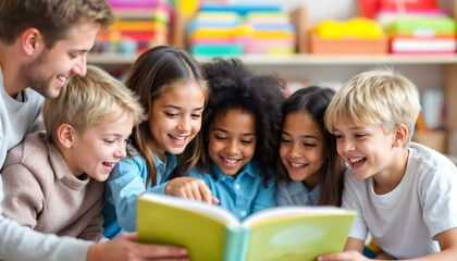 Teacher Reading Book to Diverse Group of Smiling Children in Classroom