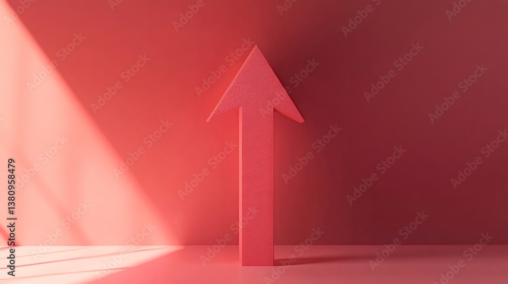 Poster red arrow pointing upwards on a red background with a window light beam coming from the left, creati