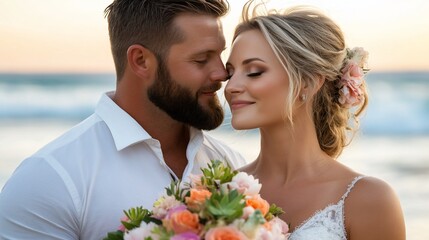 Romantic beachfront wedding portrait of couple in embrace at sunset hour