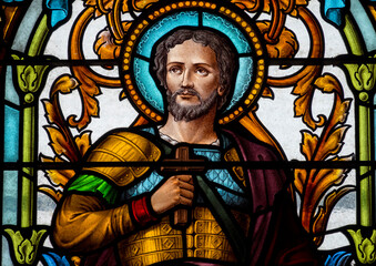 Stained glass (1930) of Saint Maurice. Saint and martyr of the Roman Catholic Church.
