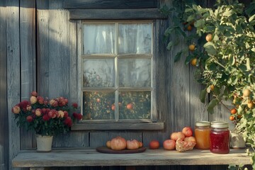 Cozy Rustic Scene with Fruit and Flowers Beside a Wooden Cabin Window