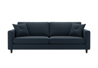 A dark blue fabric sofa with straight armrests two seat cushions isolated on transparent background