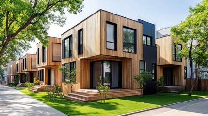 Modern, wood-clad townhouses nestled amongst lush greenery.  Spacious, contemporary homes with sleek design elements
