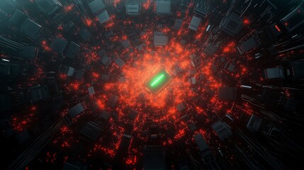 Obraz premium Vibrant energy core surrounded by a web of black circuitry and red luminescence showcasing digital technology in action Generative AI