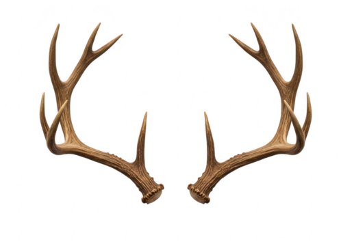 A symmetrical pair of realistic deer antlers with a brown textured surface isolated on transparent background