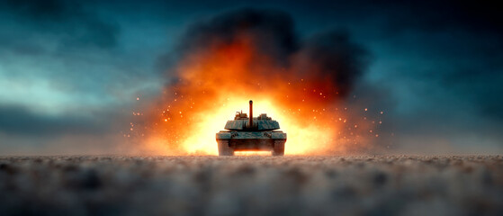 A tank emerges from a fiery explosion, enveloped in smoke and debris, creating a dramatic and intense battlefield scene.