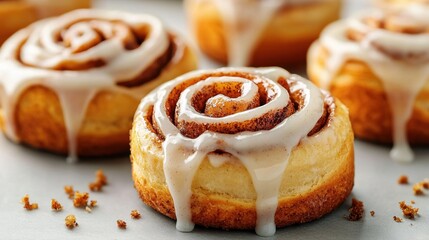 A close-up of cinnamon rolls with gooey icing dripping down, fresh from the oven