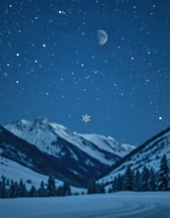 Fototapeta premium A single snowflake descends against a backdrop of starlit sky, snow-covered mountains, and a dark winter landscape, snow, quiet