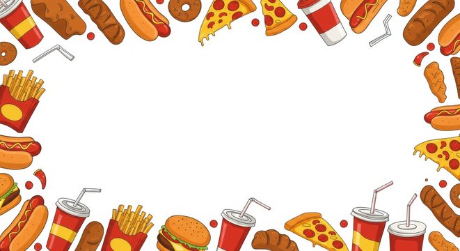 Fast Food Graphic Border White Background - A vibrant illustration of various fast food items arranged in a border, symbolizing indulgence, convenience, quick meals, tasty treats, and unhealthy habits