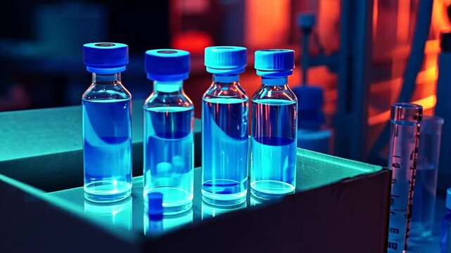 Close-up of vials in a cardboard box under blue and red laboratory lighting.
