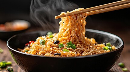 A close-up of glossy black bean noodles, chopsticks lifting strands, on a rustic dark wood table.