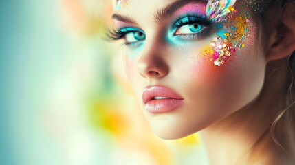 Obraz premium Colorful Artistic Makeup on a Beautiful Girl, Close-Up Portrait, Vibrant and Expressive 