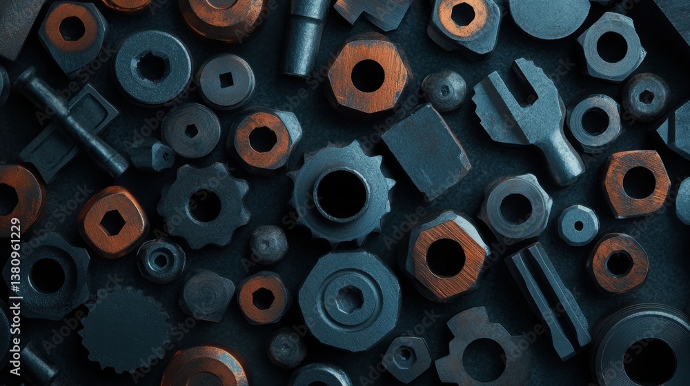 Poster a close-up of metallic tools, systematically arranged in a symmetrical pattern, ideal for hardware s