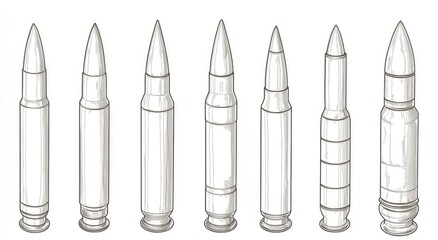 Detailed Illustrations of Seven Ammunition Cartridges on White Background