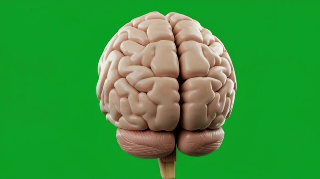 Realistic model of a human brain with detailed texture isolated on green screen background for medical and educational use.