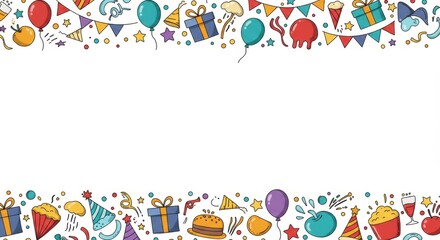 Fototapeta premium Festive Celebration Graphic Border White Background - Joyful birthday celebration, presents, balloons, confetti, cake, party hats symbolize fun, happiness, festivity, togetherness, and celebration