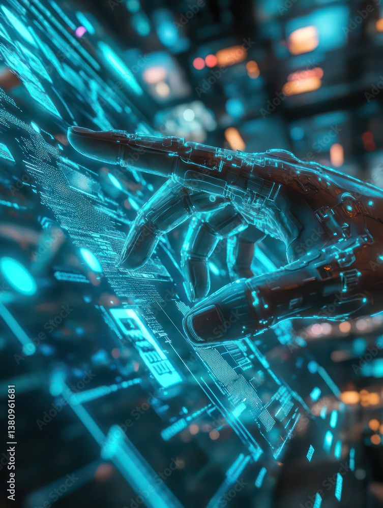 Poster an intricate image depicting a robotic hand interacting with a futuristic digital interface, illumin