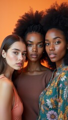 This striking image features three women of different ethnicities, showcasing their unique styles and radiant expressions. The harmonious blend of their features and the vibrant colors creates an