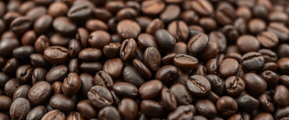 Obraz premium Dark brown roasted coffee beans, close-up texture, close-up, arabica, grain