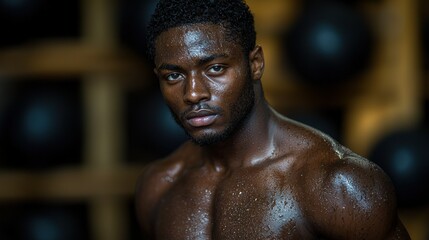 Powerful Portrait of a Sweaty Muscular Black Athlete After Intense Workout