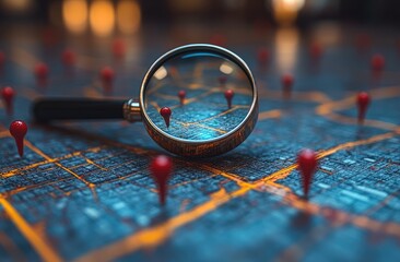 Detailed Map View Through Magnifying Glass with Red Location Pins