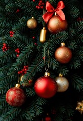 Dark green evergreen branch adorned with gold, red, and white holiday ornaments, xmas, white, glittery