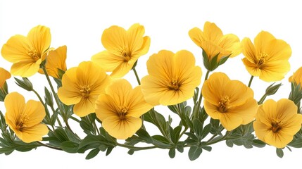 Naklejka premium Vivid yellow flowers with green stems and leaves adorn a crisp white background