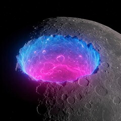 A close-up view of a moon crater with a glowing, colorful energy effect in shades of blue and pink/magenta.

