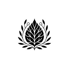 Black Leaf Motif with Decorative Foliage, Minimalist Design