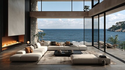 Fototapeta premium Modern Coastal Living Room with Stunning Ocean View