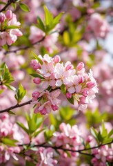 Obraz premium Delicate pink almond blossoms burst forth, veiled in soft white mist, surrounded by vibrant green foliage, dreamy, green, landscape