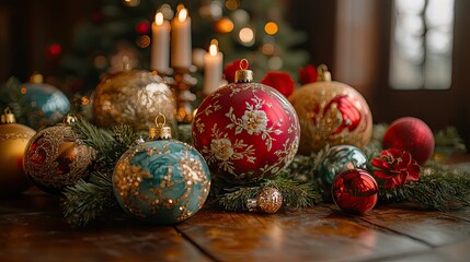 Christmas ornaments are scattered on a table.