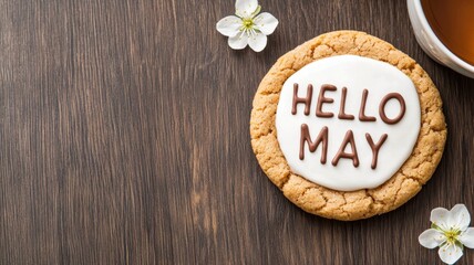 Hello May Background Banner. Decorative Cookie with Greeting and Tea on Rustic Wooden Surface