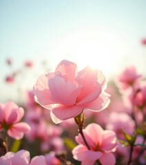 Obraz premium Delicate pink cotton candy-like bloom melting in soft pastel sunrise light, springtime floral scene, blossoms, graphic