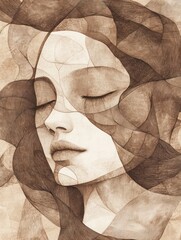 A calm and serene woman's portrait, eyes closed, surrounded by geometric patterns. A sense of peace and introspection is evoked