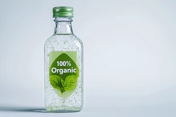 Clear glass bottle with green label showing 100 percent organic mint product on light background. Copy space