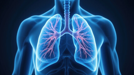 Anatomical illustration of human lungs, showcasing detailed structure and vascular system, emphasizing respiratory function and health