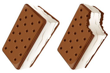 Ice Cream Sandwiches Whole and Bitten. Summer Frozen Dessert Vector Art Isolated