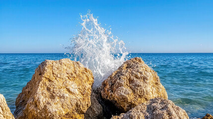 dynamic splash of water hitting jagged rocks under clear blue sky creates stunning coastal scene