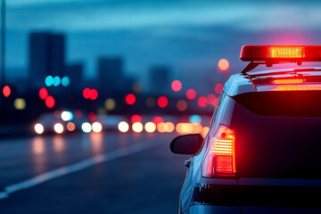 A police vehicle is illuminated at night, with city lights blurred in the background, creating a vibrant urban scene.