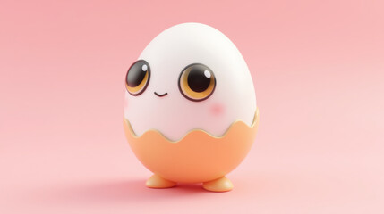 Cute egg character cartoon pastel colors smiling face adorable playful 3D model egg shell kawaii style pink background