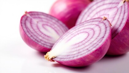Close-up of red onion halves, showing layers, pure white background, layers, cooking, vivid