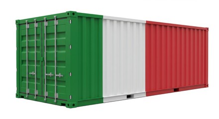 Fototapeta premium Italian Shipping Container on White Background - Italian flag on cargo container, global trade, export, import, logistics. Symbolizing international commerce, Italian goods, shipping, transportation