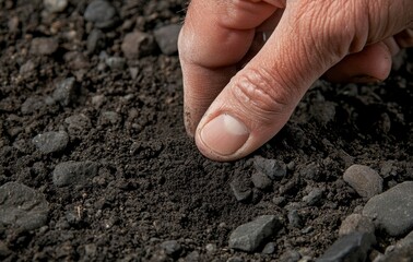 Planting Seed in Soil with Human Hand Close Up View