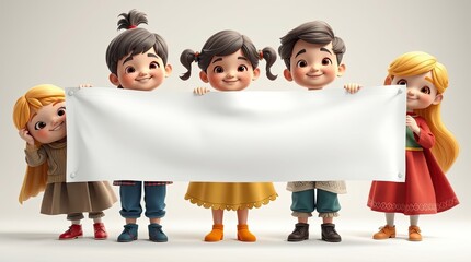 Group of children smiling and holding a blank white banner